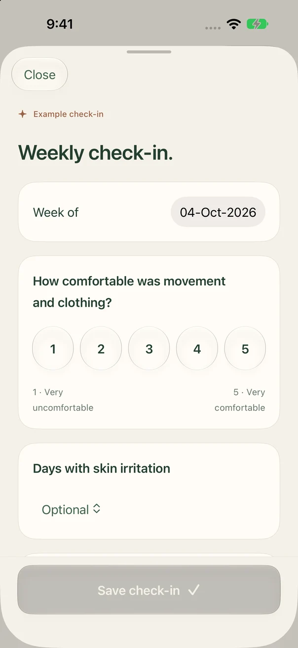 Elastova weekly check-in preview with a comfort rating and an optional skin irritation entry
