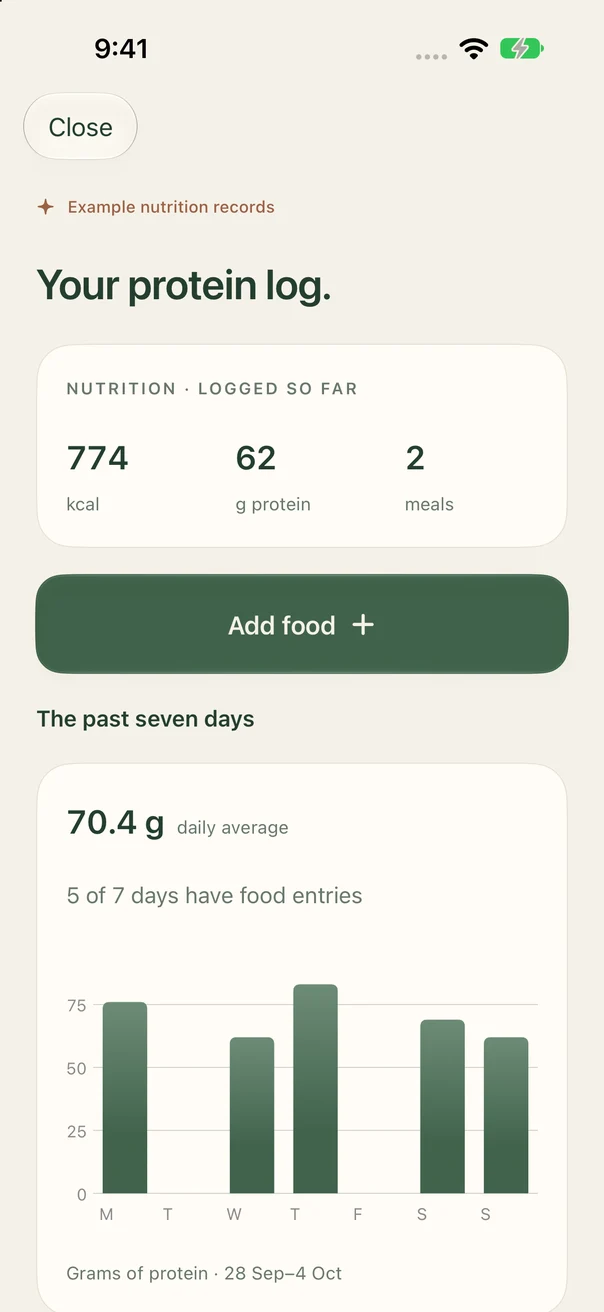 Elastova protein log preview with example protein totals, meal entries and an Add food button