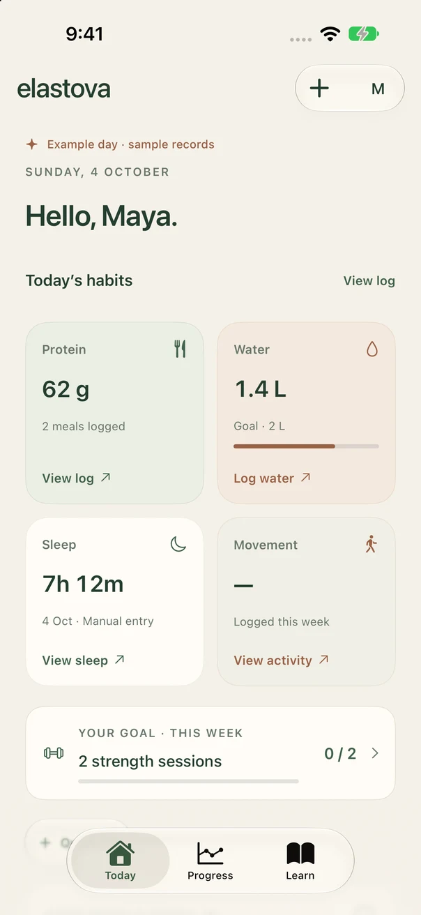 Elastova Today preview with example daily protein, water, sleep and movement totals